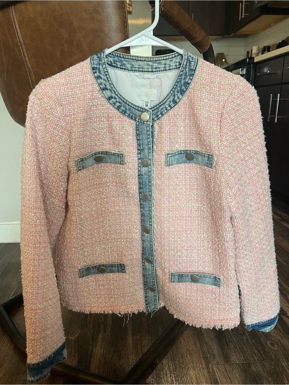 ecru Pink Tweed Jacket with Denim Trim Accents